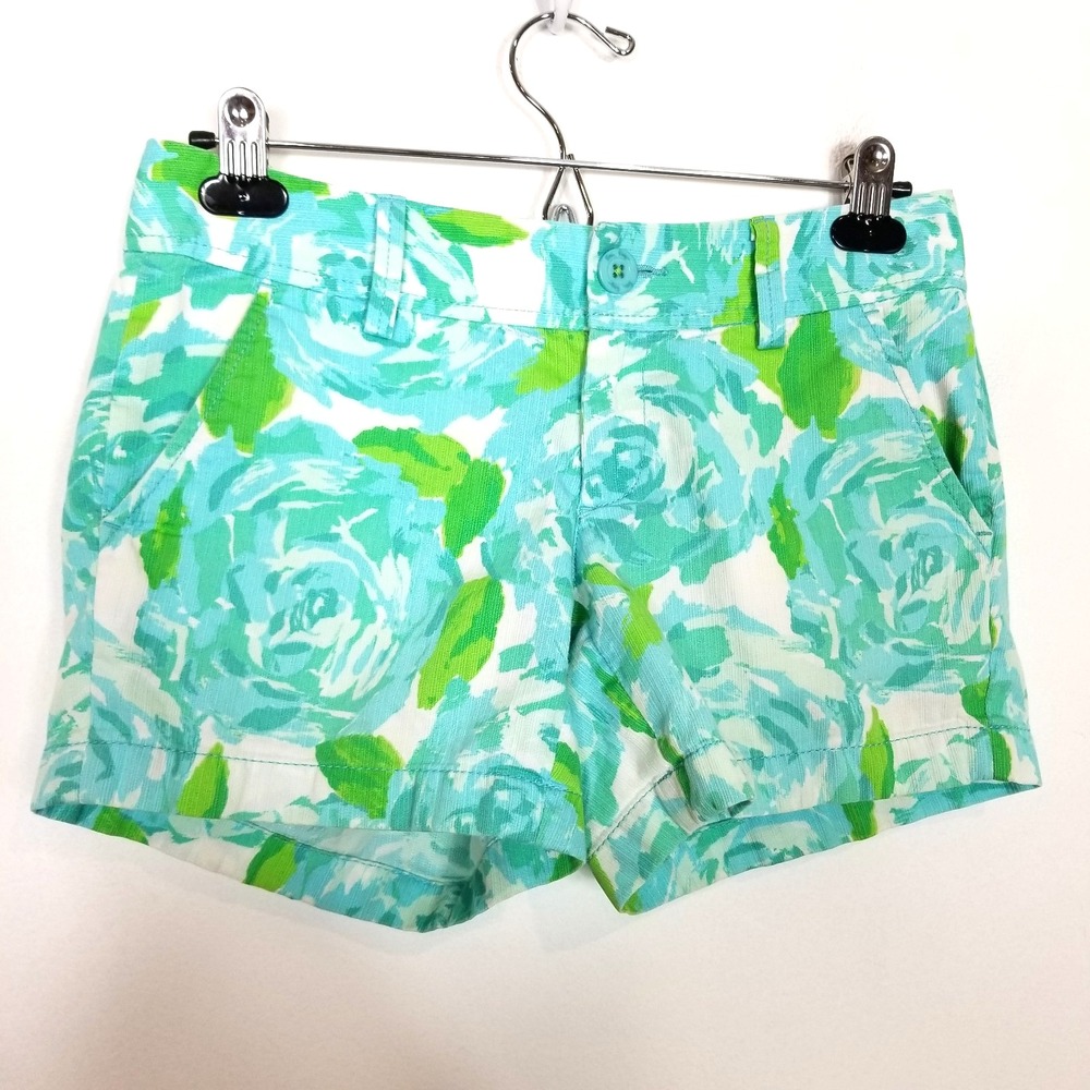 Lilly Pulitzer Callahan Shorts Women Sz 0 Blue Floral Summer Beach Cotton‎